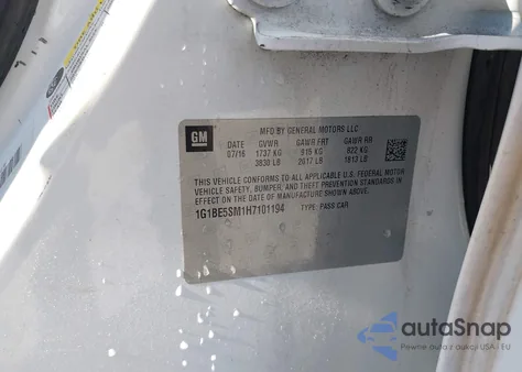 2017 Chevrolet Cruze Lt Auto z USA, uszkodzony, nr VIN 1G1BE5SM1H7101194